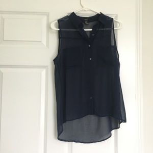Navy sleeveless button up top